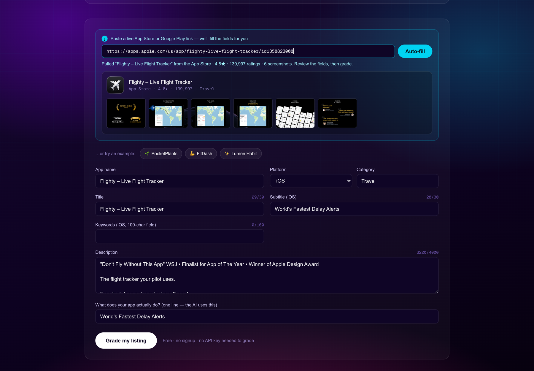 Auto-fill from a store link, then grade to C 76/100
